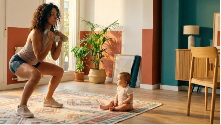Mamma che si allena a casa con il bambino