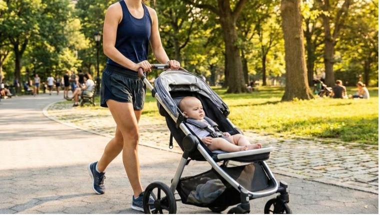 Mamma al parco con il passeggino