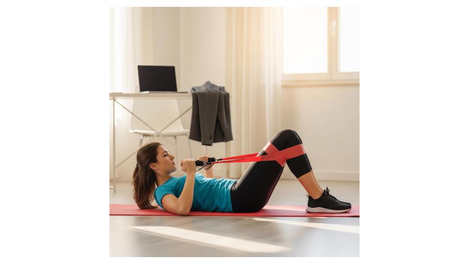 Mamma che lavora si allena a casa con fascia elastica