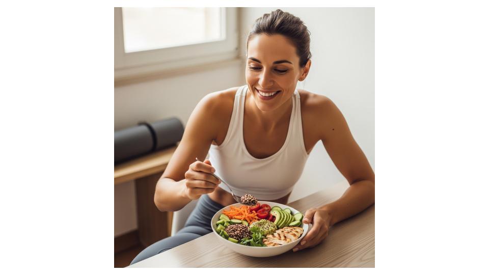 Donna che mangia sano, radiosa e in forma
